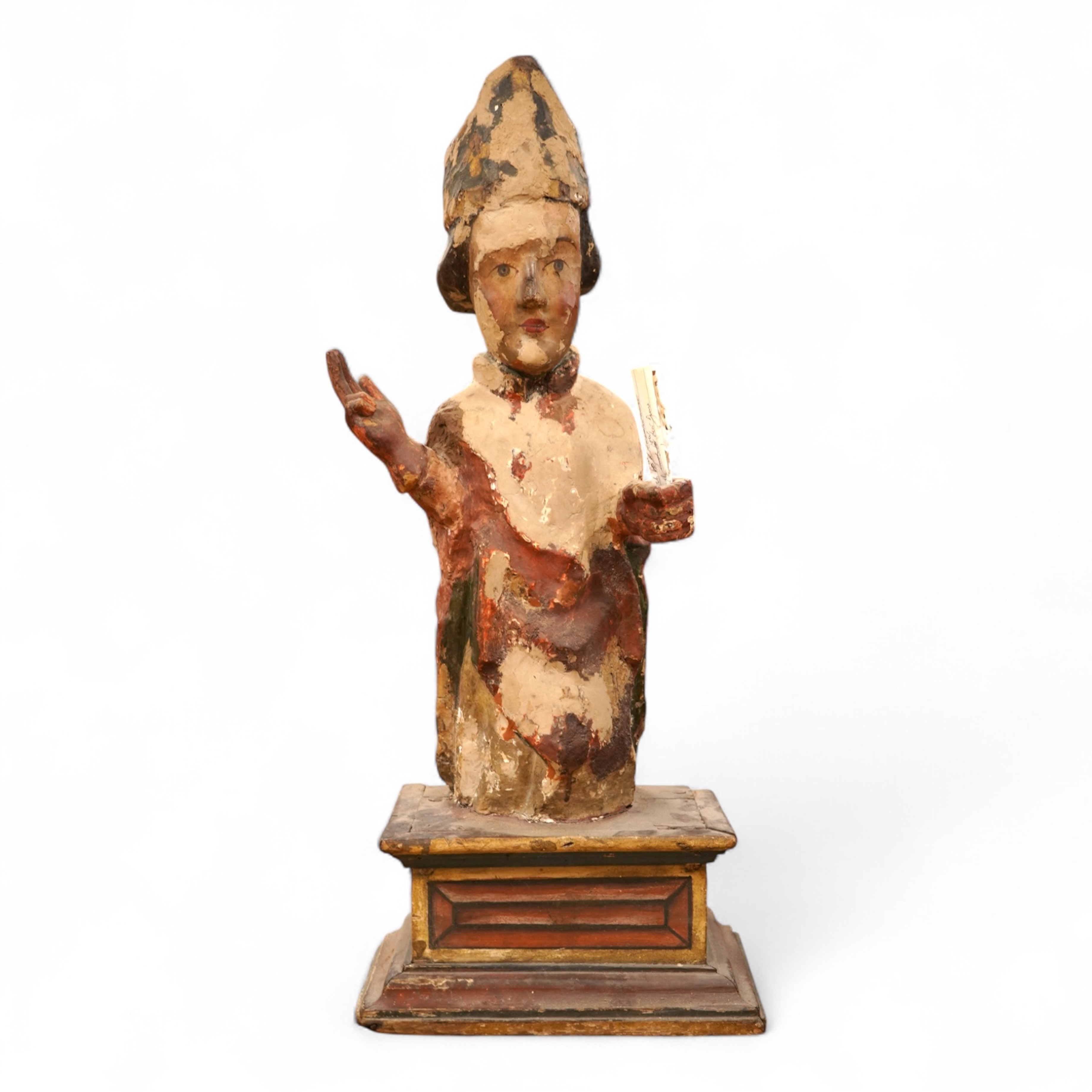 A 19th century and later Continental polychrome wood figure of a bishop, 77cm